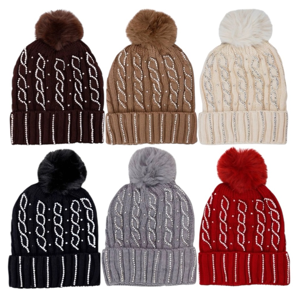 Cable Chunky Knitted Fleece-Lined Beanie Rhinestone Winter Hat Assorted Colors